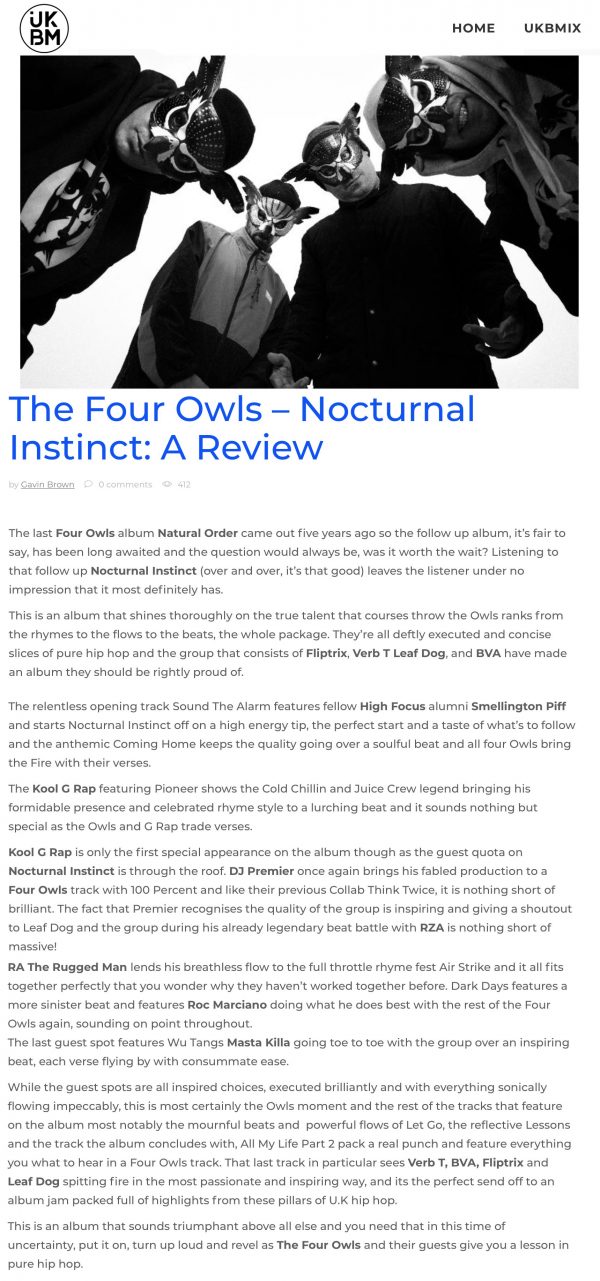 The Four Owls 'Nocturnal Instinct' UK Bass Music Album Review